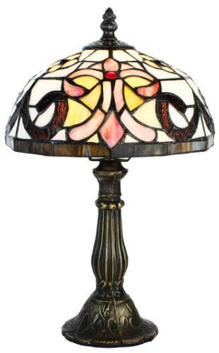 83132 - Pink/Amber Fleur de-Lis Stained Glass Lamp with Satin Bronze Finish Base